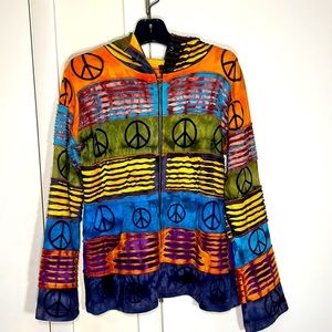 RISING INTERNATIONAL RAINBOW AND PEACE ZIP UP HOODIE HAND MADE IN NEPAL SZ M